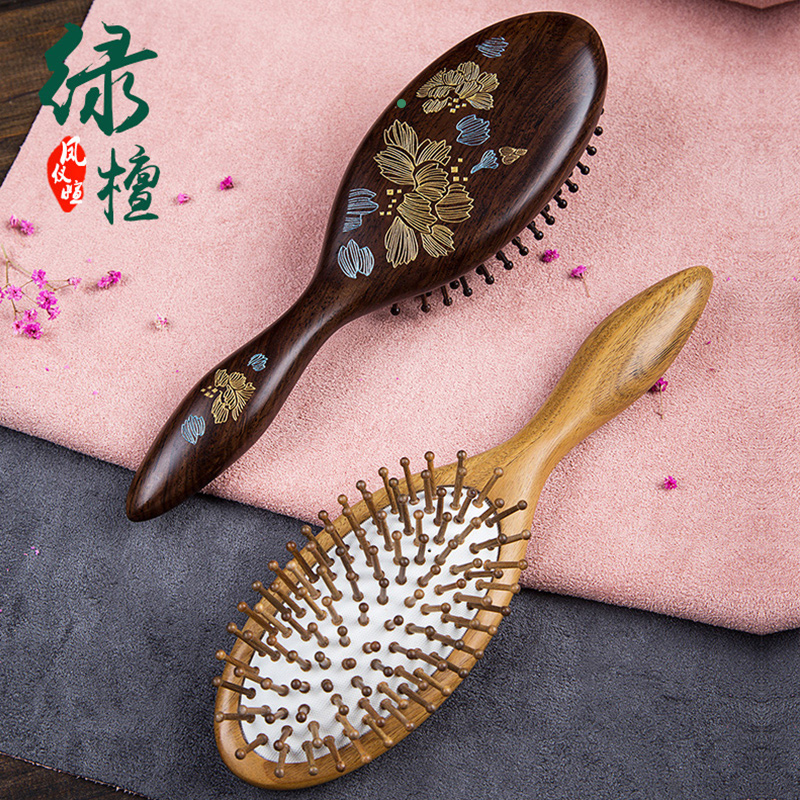Green sandalwood comb Air cushion anti-airbag massage head off scalp meridian comb Electrostatic hair curly Sandalwood comb woman
