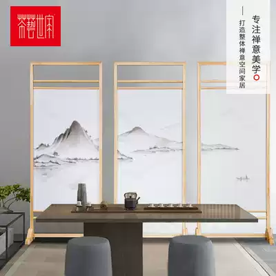 New Chinese screen solid wood partition decoration semi-permeable yarn painting hollow living room small apartment Zen screen porch partition