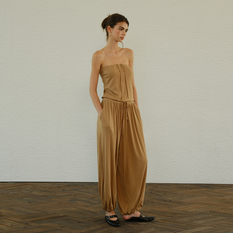 Fresh up Smooth and Comfortable Lyocell Relaxed Fit Lace-Up Tube Top Loose Fashionable Slimming Foot-Tie Jumpsuit for Women