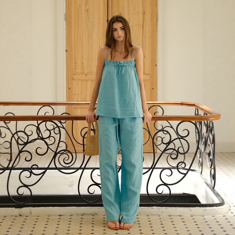 Fresh up Vacation Style Breathable Hemp Striped Texture Drawstring Camisole Top Straight-Leg Casual Pants Set for Women