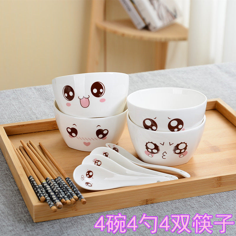 4 bowls 4 spoon4 cute cartoon ceramic tableware creative rice bowl square bowl microwave oven home with small bowl soup bowl