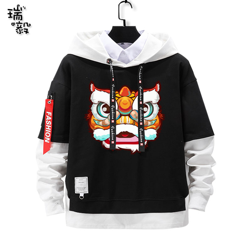 醒狮 中国风舞狮 假两件连帽卫衣 图5