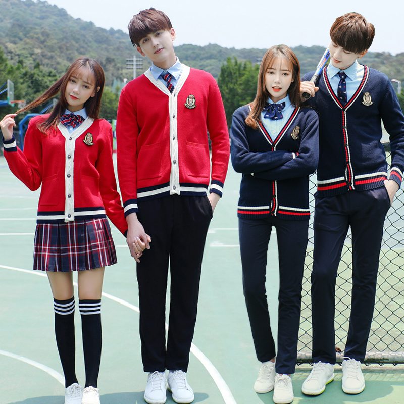 Junior high school and high school students knitted sweater school uniform suit red and blue elementary school class uniforms custom-made college style Korean autumn clothes