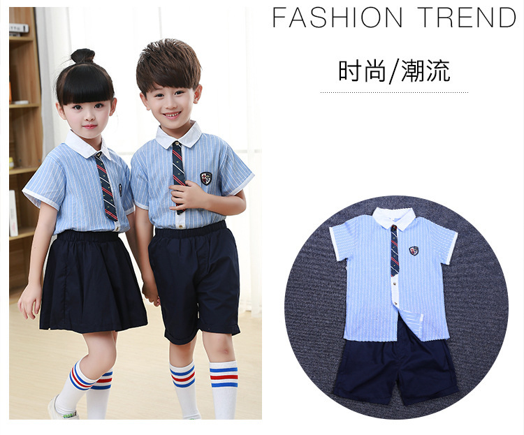 Đồng phục học sinh tiểu học và trung học sọc xanh đặt cotton mùa hè đại học tay ngắn nam nữ phục vụ lớp trẻ em thời trang trẻ em cao cấp