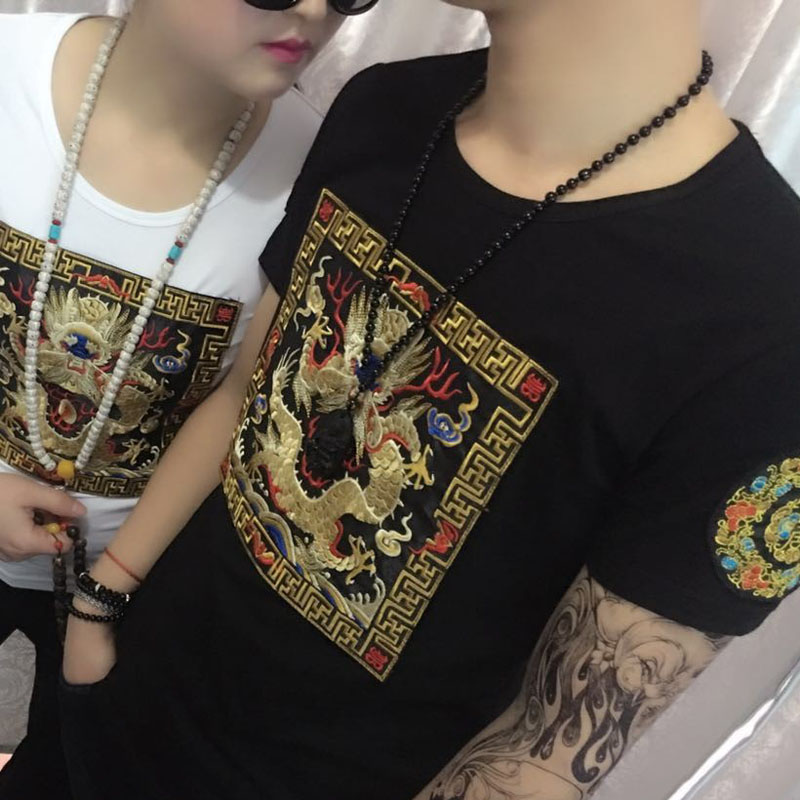 Chinese Wind Embroidered Flowers Fast Hand Shake-Up Internet Red People Same short sleeve lovers T-shirt male and female half-sleeve dragon robe official clothes T-shirt