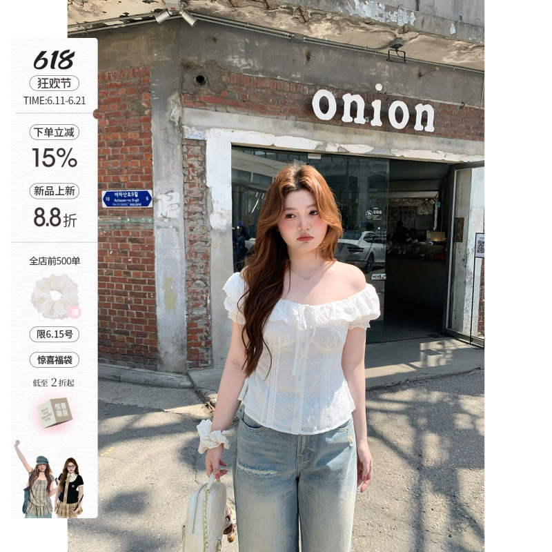 Your Fish Platycodon Love Korean Style Plus Size Spring/Summer Hollow Out Ruffle Two-Way Wear Off-Shoulder Design Short Top Your Fish Platycodon Love Korean Style Plus Size Spring/Summer Hollow Out Ruffle Two-Way Wear Off-Shoulder Design Short Top