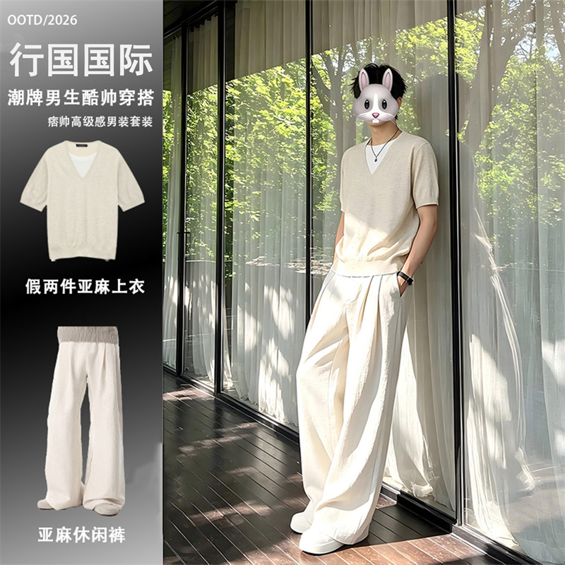 Old Money Style Casual Sports Linen Suit for Men, Summer Two-Piece Short-Sleeve T-Shirt, High-Intelligence Style Outfit Set Old Money Style Casual Sports Linen Suit for Men, Summer Two-Piece Short-Sleeve T-Shirt, High-Intelligence Style Outfit Set