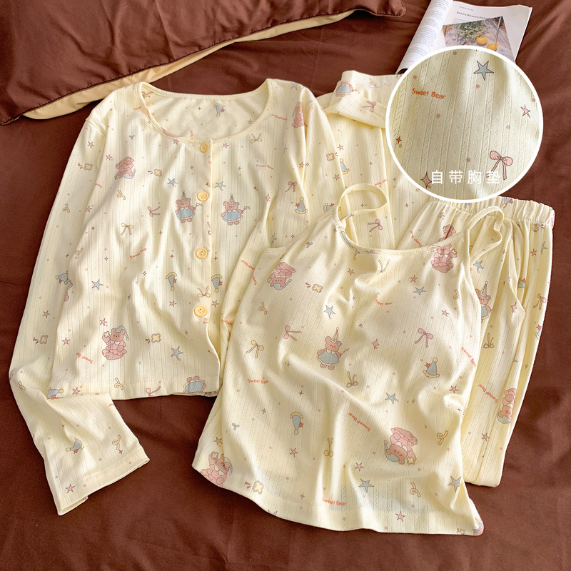 Creamy Yellow Polka Dot Bear Lyocell Pajamas for Women, Autumn Round Neck Anti-Bump Padded Home Wear Three-Piece Set Creamy Yellow Polka Dot Bear Lyocell Pajamas for Women, Autumn Round Neck Anti-Bump Padded Home Wear Three-Piece Set