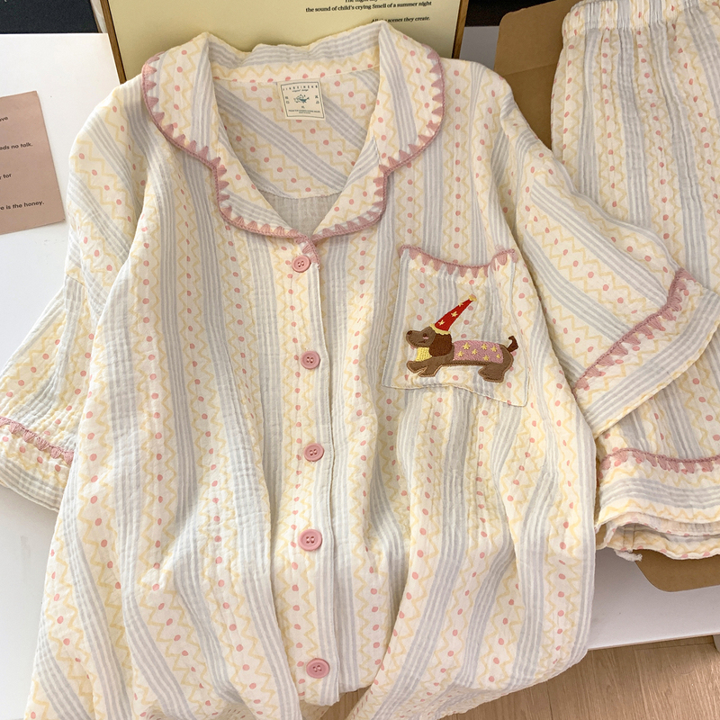 Pure Cotton Gauze Pajamas for Women, Short-Sleeved Summer Cartoon Striped Puppy Shirt Collar Cardigan ins Korean Style Loungewear Pure Cotton Gauze Pajamas for Women, Short-Sleeved Summer Cartoon Striped Puppy Shirt Collar Cardigan ins Korean Style Loungewear