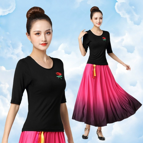 Летняя танцующая футболка, костюм, короткий рукав, для среднего возраста, облегающий крой