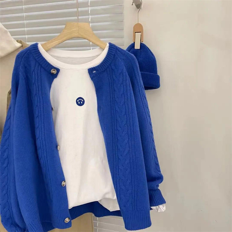 Klein Blue Sweater Jacket for Women, Spring and Autumn Design, Twist Pattern Top, Cashmere Loose and Lazy Knit Cardigan for Outerwear