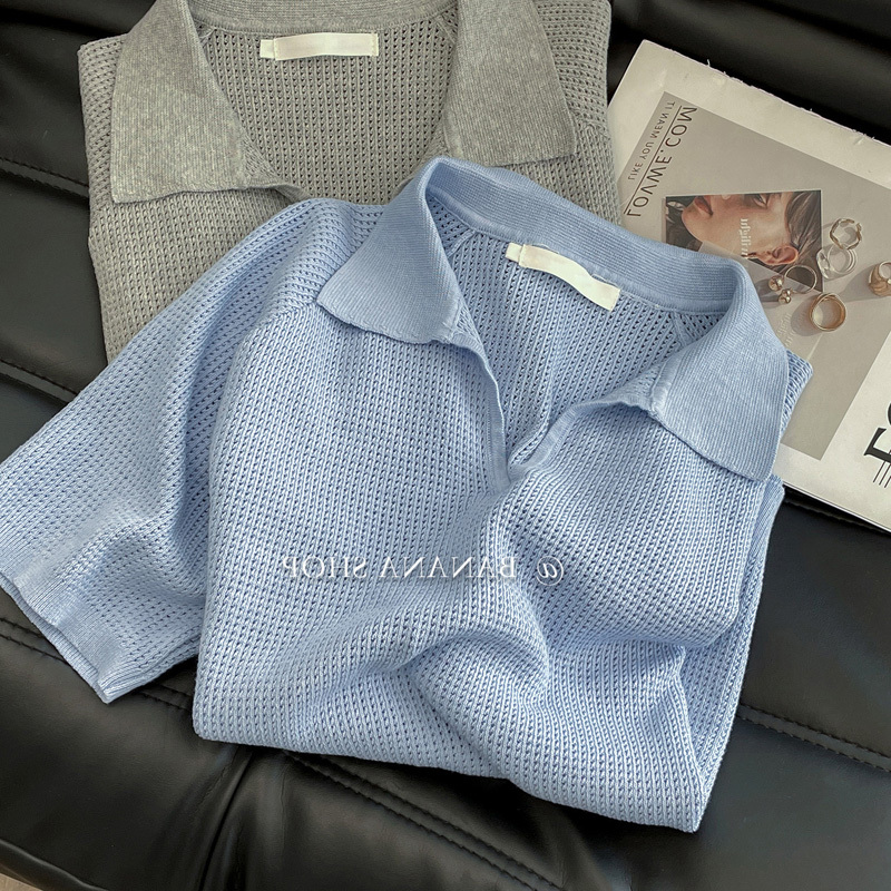 Designed Waffle-Pattern Blue Polo Collar Knitted Short-Sleeve T-Shirt for Women, Summer Turn-Down Collar, Versatile, Loose, Hollow-Out, Regular Shoulder Designed Waffle-Pattern Blue Polo Collar Knitted Short-Sleeve T-Shirt for Women, Summer Turn-Down Collar, Versatile, Loose, Hollow-Out, Regular Shoulder