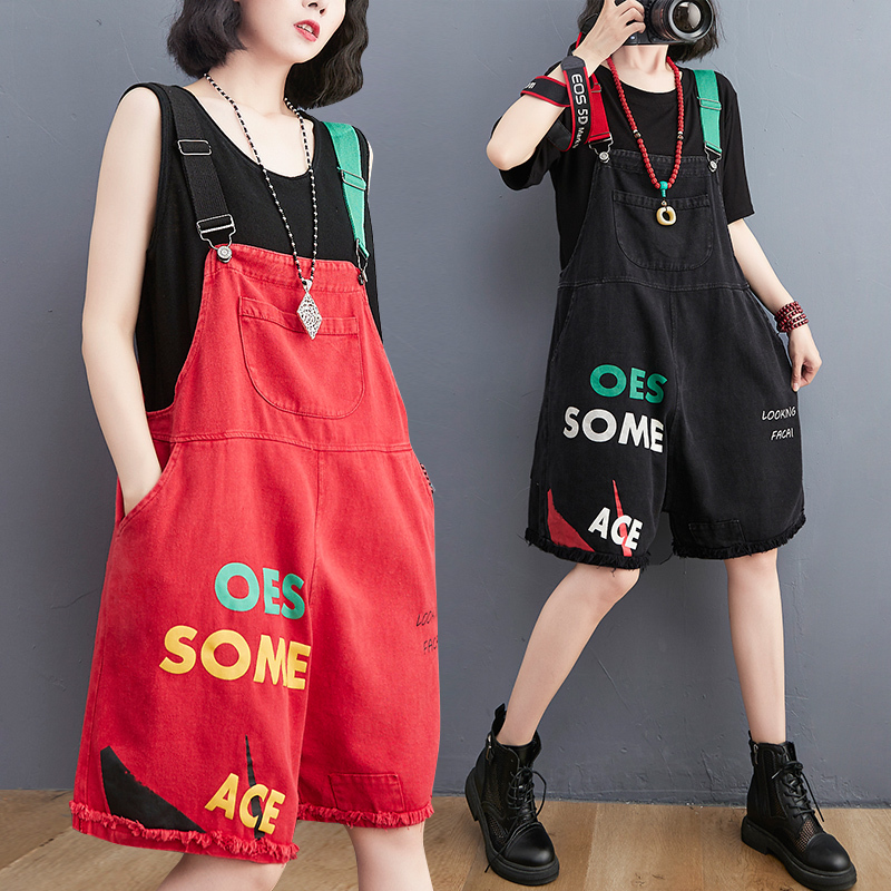 Youthful Denim Overalls for Women, Summer European Style, Personalized Letter Print, Loose Fit, Plus Size Jumpsuit, Wide-Leg Shorts, Trendy