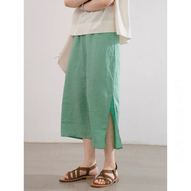 Japanese retro cotton and linen skirt for women in summer thin design sense slit elastic high waist straight skirt A-line long skirt