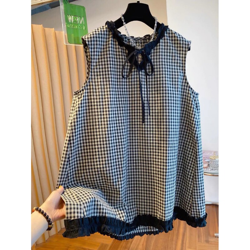 Korean Style Black and White Plaid Lace-Up Sleeveless Dress for Women, Summer 2025 New Style, Loose and Beautiful, Super Nice Tank Dress