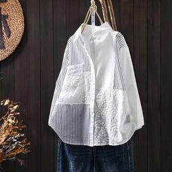 Retro Embroider Jacquard Patchwork Stripes Shirt Women's Top Long sleeves Loose 2025 New arrival Elegant Age-reducing White Shirt