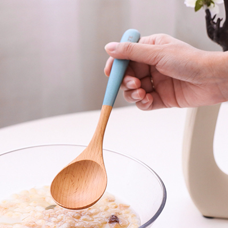 Colorful handle wooden spoon creative curved handle small spoon beech rice spoon household spoon large wooden spoon spoon wooden tableware