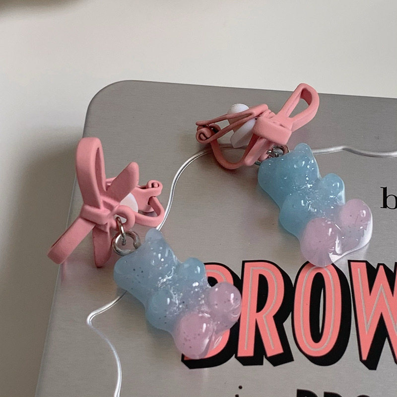 Jelly blue-pink gradient gummy bear bow earrings triangle ear clips without ear holes cute summer girl