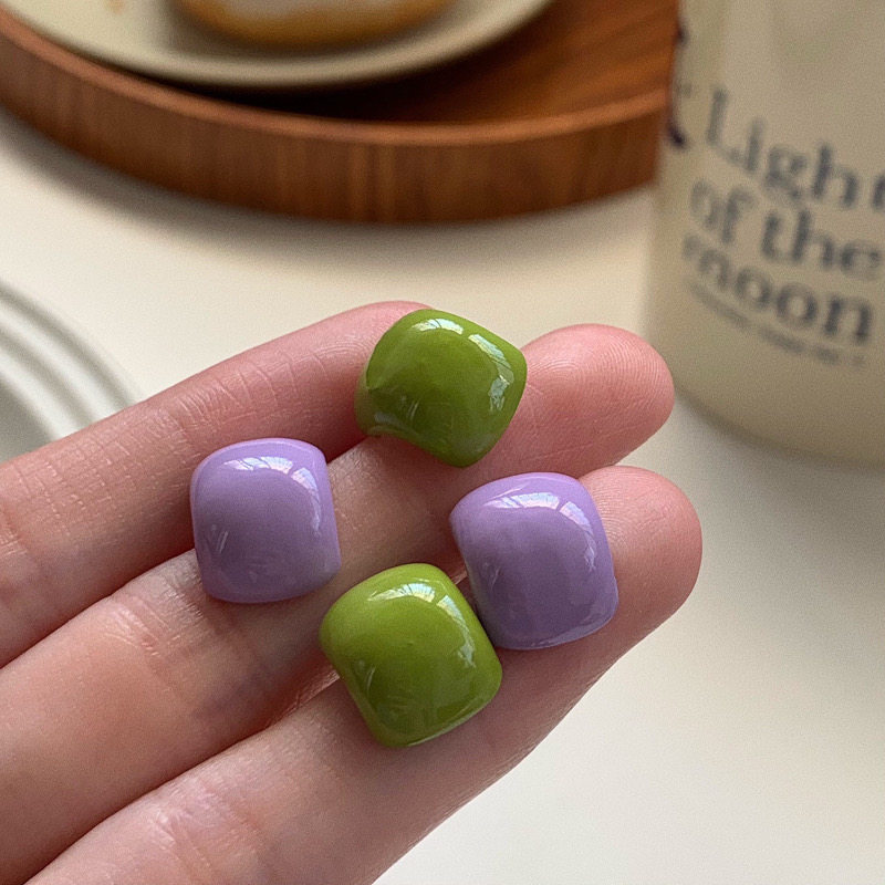 Candy-colored peas, green, light purple, half-round ear clips, ear clips, can be worn cute sweet S925 silver-plated needles