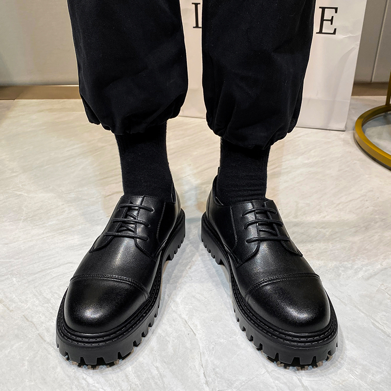 Tide brand business dress leather shoes men's Korean version leather thick bottom heightening men's shoes autumn men's casual soft leather shoes men