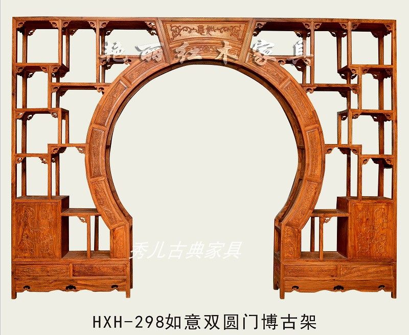 Big round door partition Bogu frame Mahogany double round door Bogu frame TV wall decoration