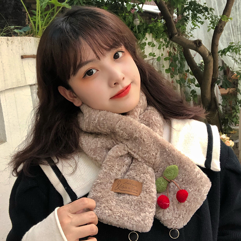 Cute plush cross scarf female winter Japanese students keep warm all-match cold-proof cherry Korean version Dongdaemun scarf