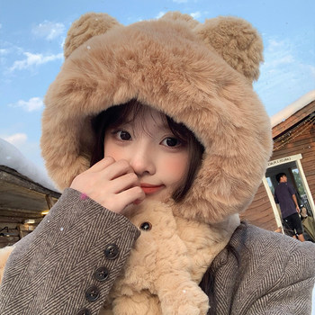 Aijia tiny bear hat scarf one-piece women's autumn and winter