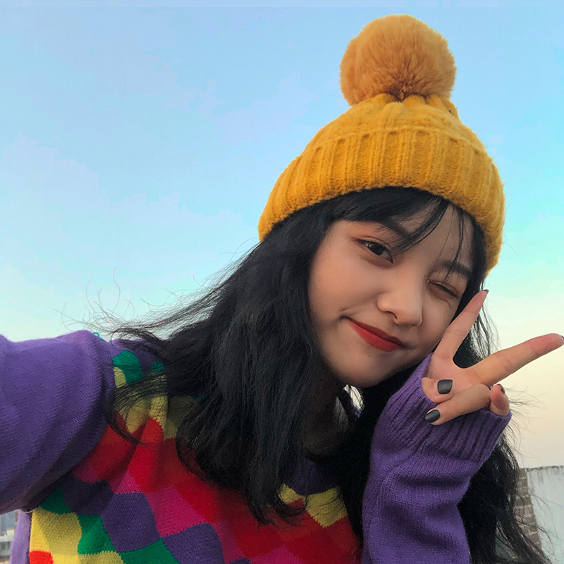 Aijia micro hat women autumn winter Korean version of the woolen hat hair ball thickened versatile Japanese net red warm knit hat