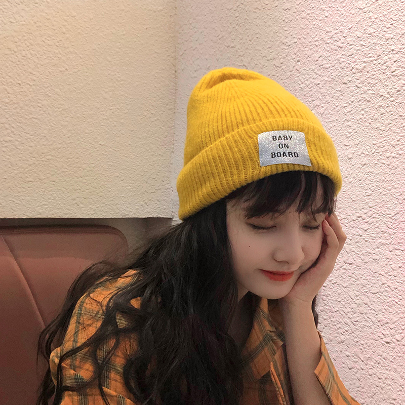 ins Net red letter patch wool cap Japanese male Joker plus velvet thick warm knit hat children Korean autumn and winter