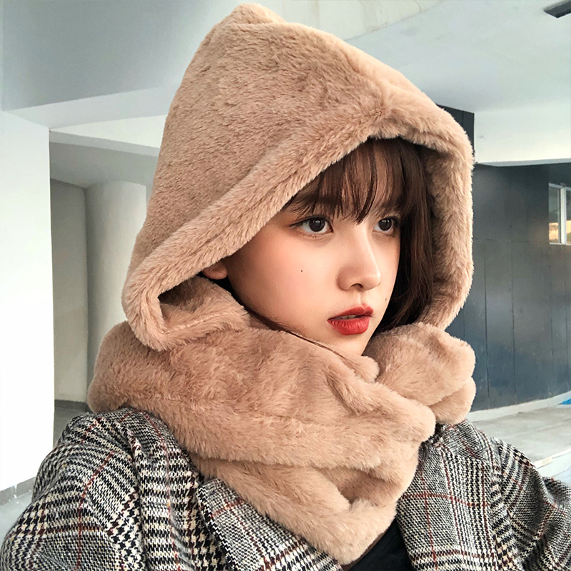 Hat female winter Korean version outdoor warm thickening winter cycling windproof scarf all-in-one plush cute Lei Feng hat