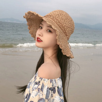 Bow straw hat womens summer small fresh foldable beach hat Seaside hat womens sun visor sunscreen sun hat