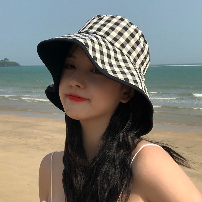 Fisherman Hat Women Sunscreen Sunbeds Summer Day Department Double Sided Plaid Display Face Little 100 Hitchhiking Han version Covered Face Hat