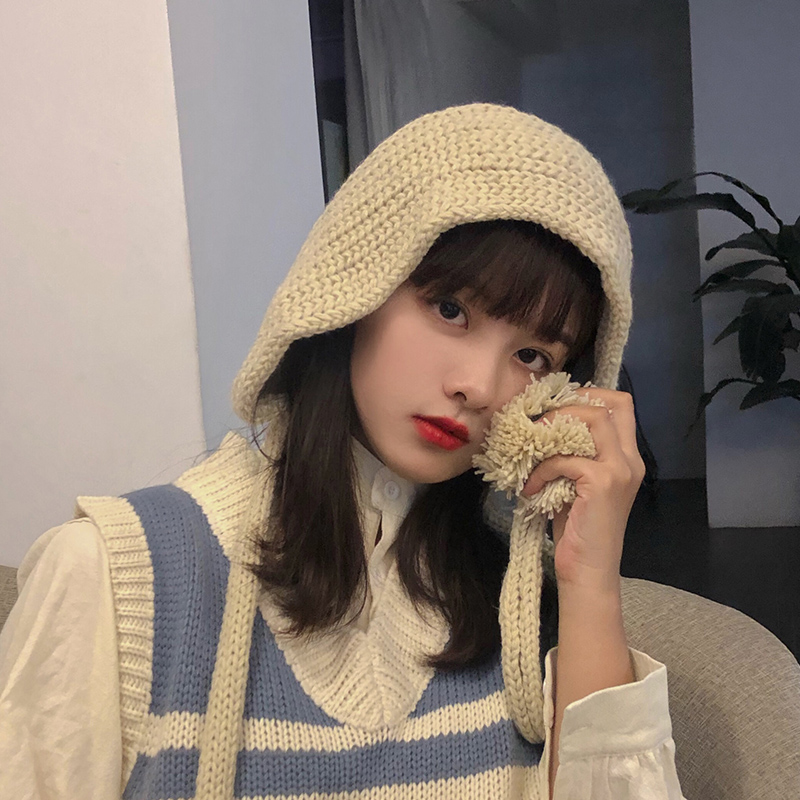 Handmade weaving long tie with soft sister hair cap female thickening warmth and ear knitting tide of thunder hat