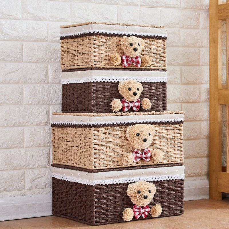 Straw storage basket desktop toy snack storage box with cover cloth art storage basket bedroom clothing finishing storage box