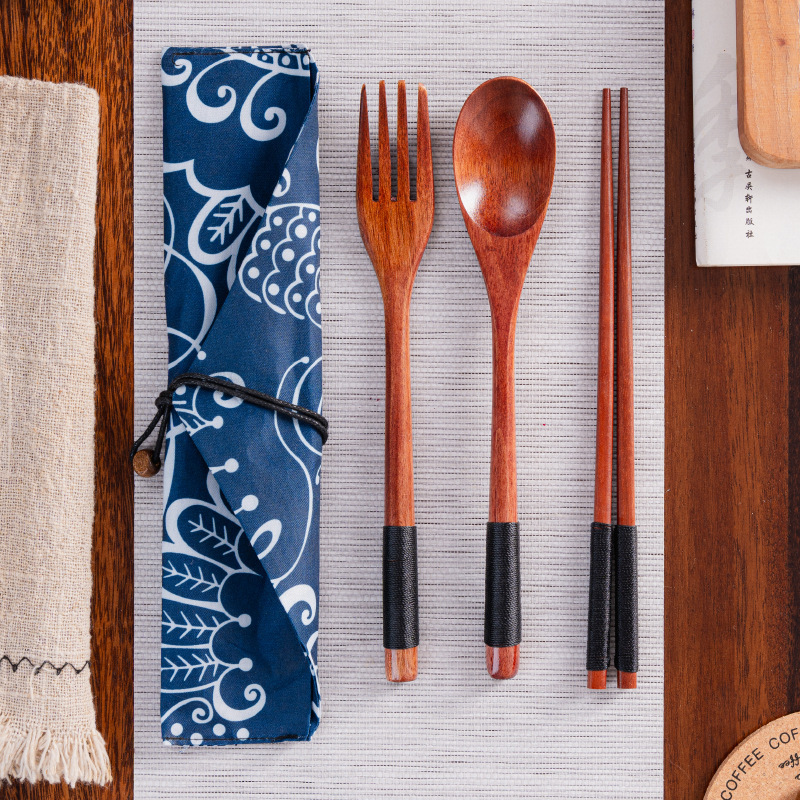 Japanese-Style Wooden Spoon, Fork, and Chopsticks Set, Nanmu Wood Wrapped in Thread, Old Lacquer Spoons, Chopsticks, and Forks Three-Piece Set with Convenient Cloth Bag Tableware