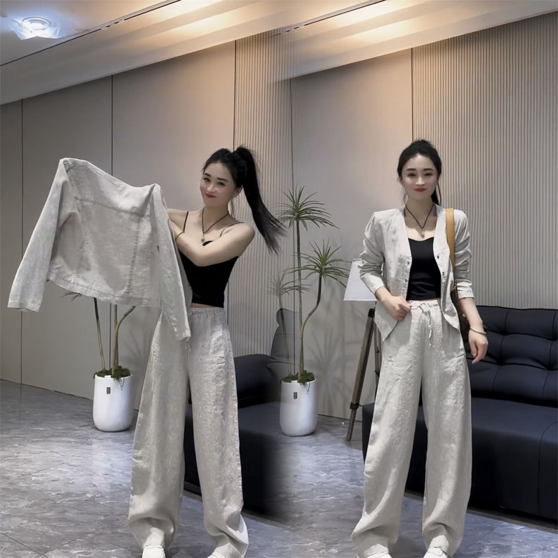 Relaxed Casual Linen Fashion Two-Piece Set for Women, New Spring Thin Cardigan Jacket and Wide-Leg Pants Slimming Outfit Relaxed Casual Linen Fashion Two-Piece Set for Women, New Spring Thin Cardigan Jacket and Wide-Leg Pants Slimming Outfit
