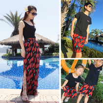 Summer seaside vacation A family of three and four father and son beach pants Western-style parent-child outfit mother and daughter outfit split wide-leg pants