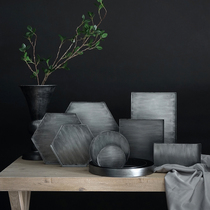 Nordic style Rectangular combination storage tray Geometric metal fruit plate Retro silver snack plate