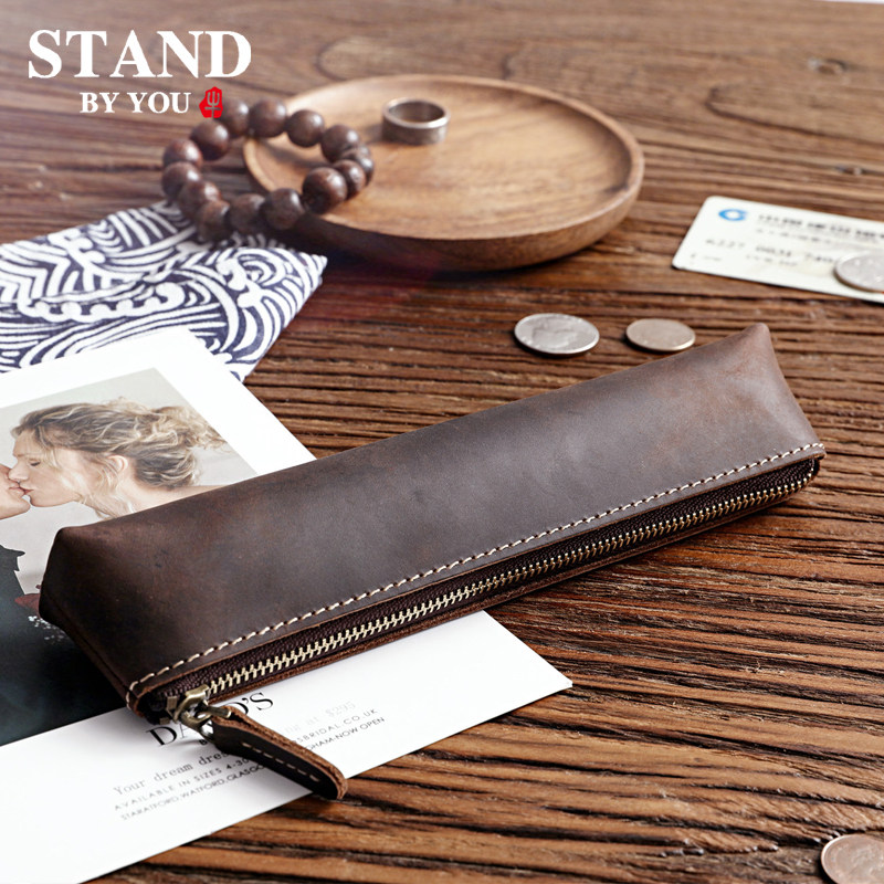 Retro handmade men's and women's simple crazy horse leather pencil case leather pencil case first layer cowhide stationery box zipper glasses bag