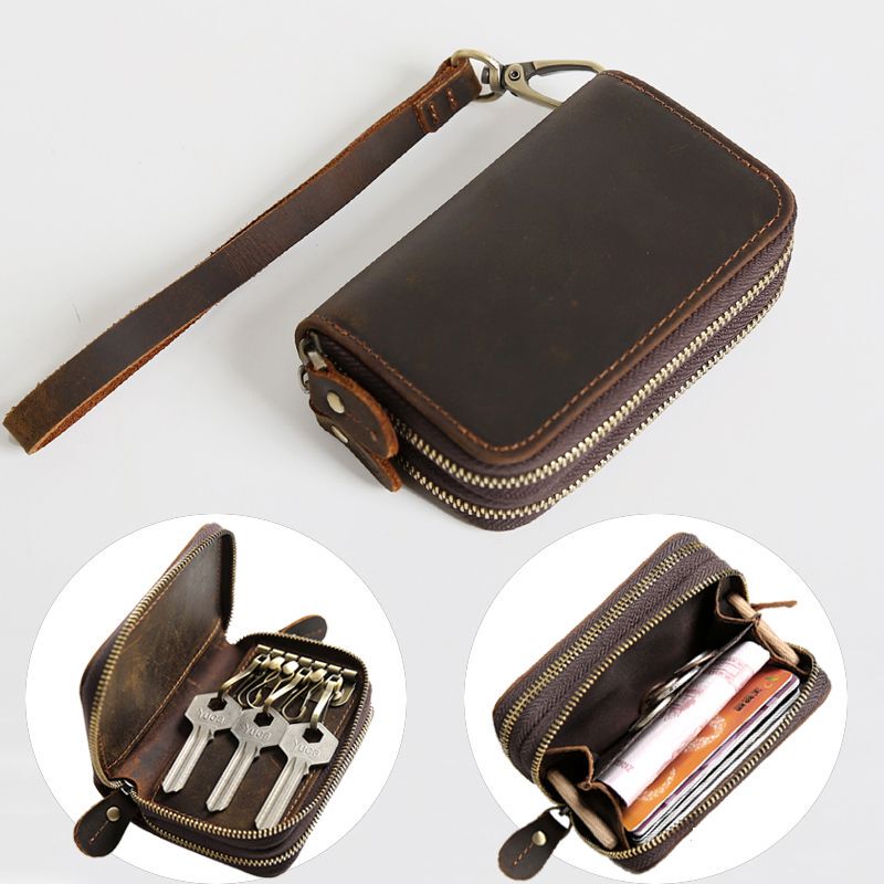Men's Retro Crazy Horse First-Layer Cowhide Multifunctional Key Bag Short Key Bag Genuine Leather Zipper Coin Purse Card Holder