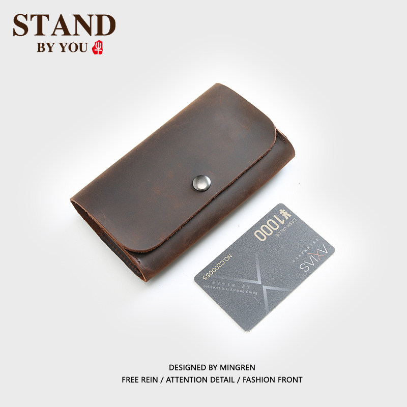 Retro Crazy Mappie Man Zero Money Bag Genuine Leather Buckle Card Bag Mid-Length Version Handpurse Head Layer Bull Leather Casual