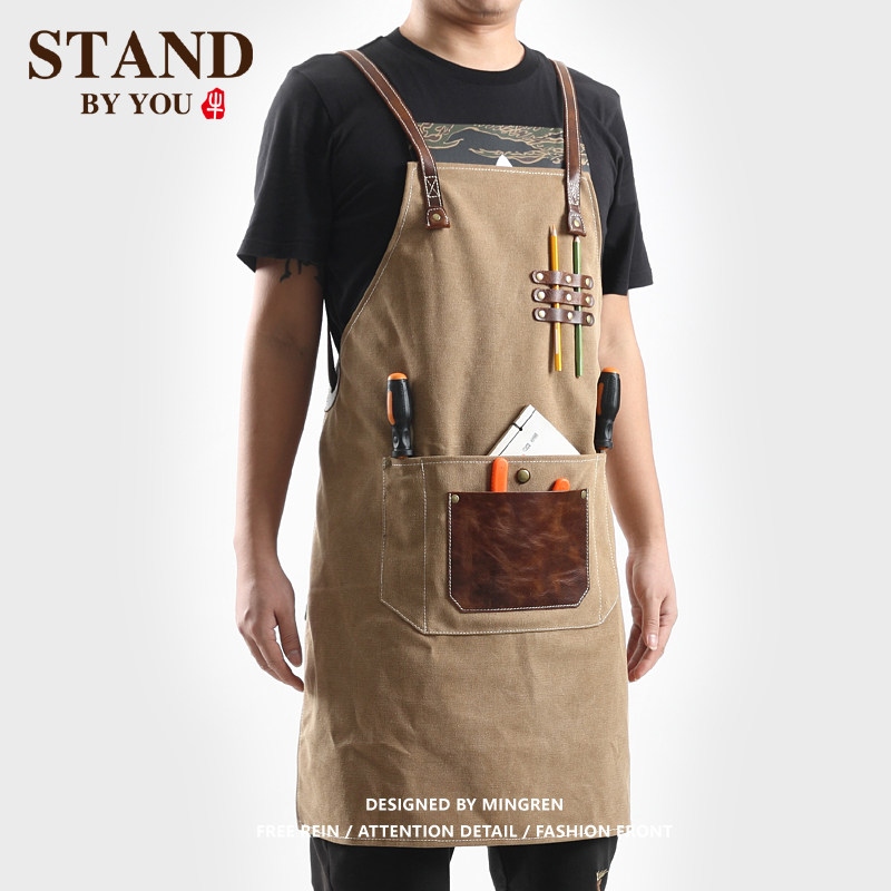Upscale Coffee dining room Milk Tea Hairdrester working clothes Men's artisans Double shoulder washed Canvas Apron 2