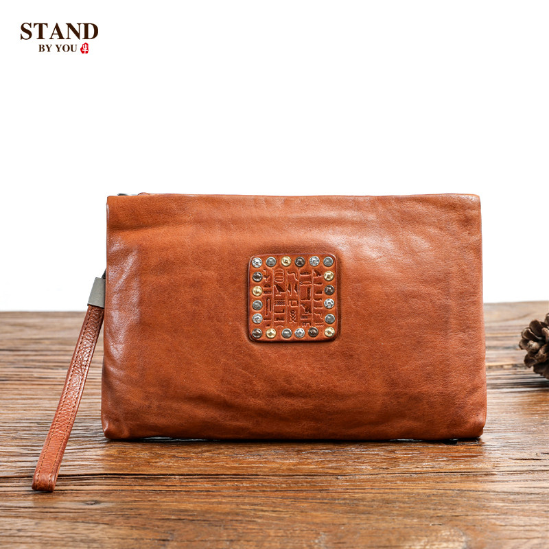 Retro-Rooted Tanning Head Layer Bull Leather Men Large Capacity Hand Grab Bag Upscale Genuine Leather Women's Hand Grip Bag Casual Wrist Bag 1