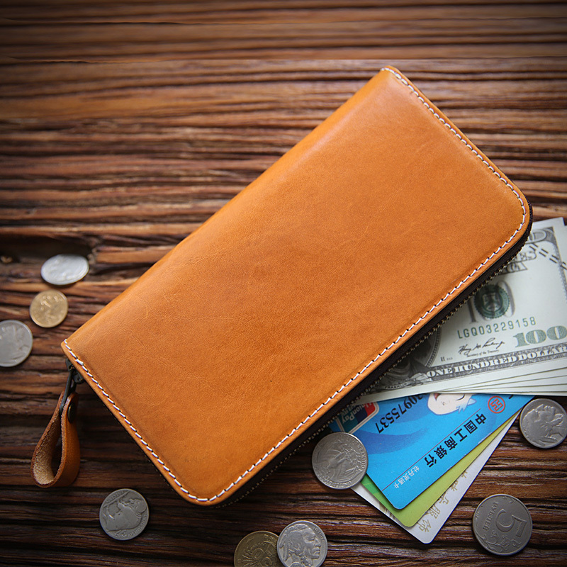 Handmade Italian Vegetable-Tanned Leather Men's Long Wallet Genuine Leather Zipper Wallet First Layer Cowhide Wallet Casual Clutch