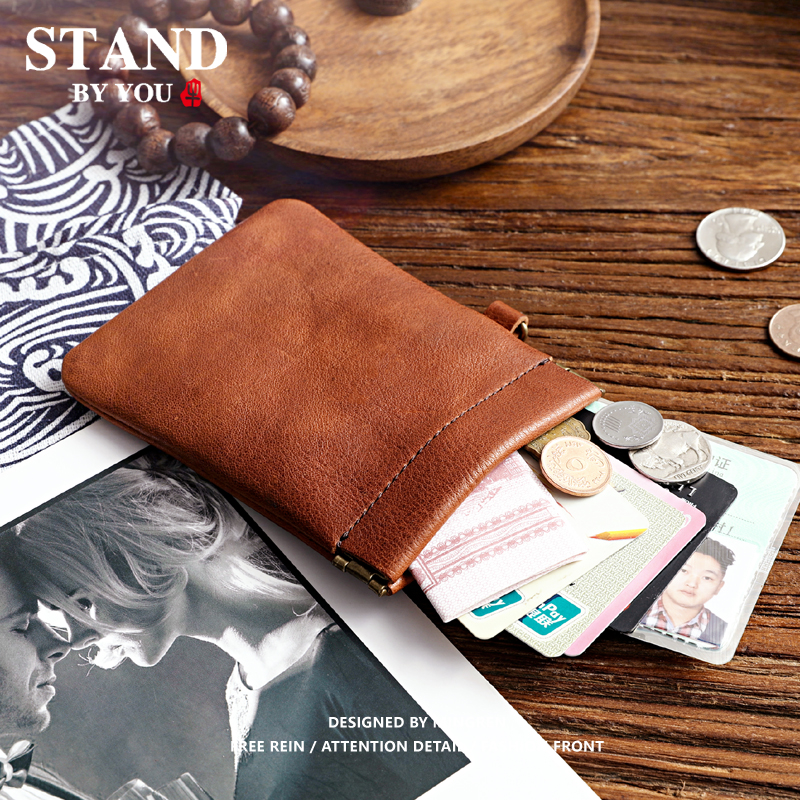 Retro Handmade Tannic Head Layer Cow Leather Men And Women Mini Zero Wallet Ultra Slim Genuine Leather Coin Bag Short Wallet Woman