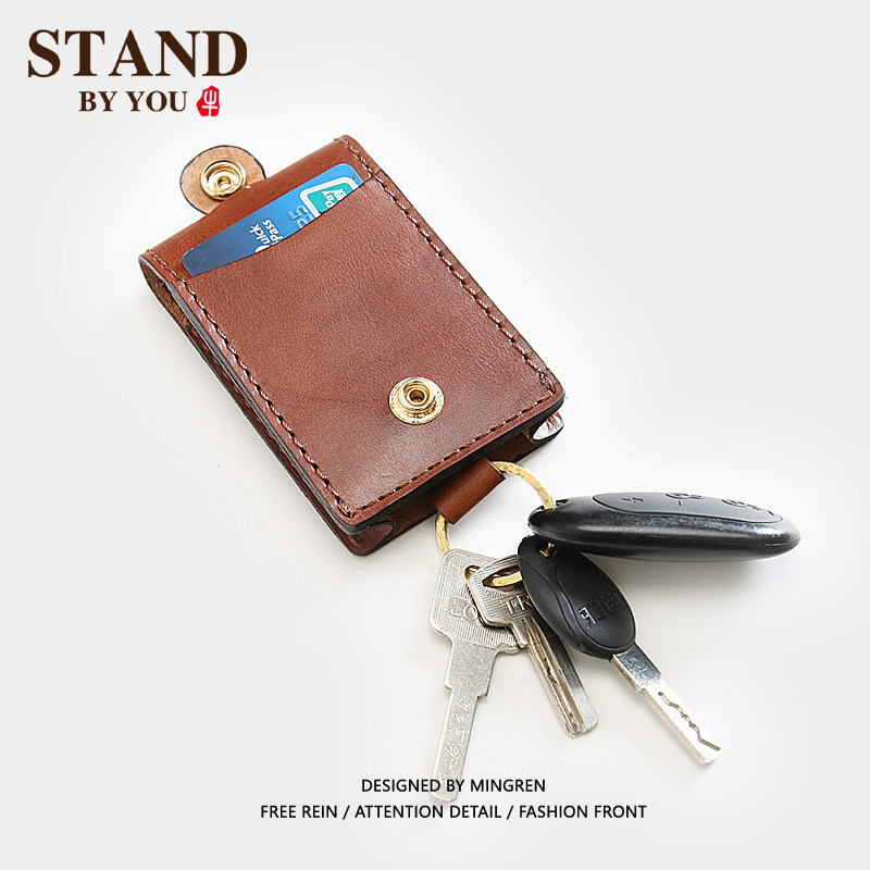 Handmade Head Layer Bull Leather Key Bag Men's Retro Key Bag Cramp With Tannic Leather Short leather buckle Capo bag