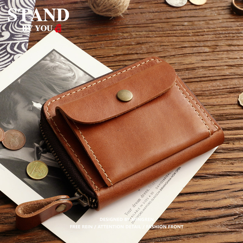 Retro Handmade Head Layer Bull Leather Short Clip Men's Outer Genuine Leather Money Clip Laced With Zero Money Bag Implant Tannins Wallet