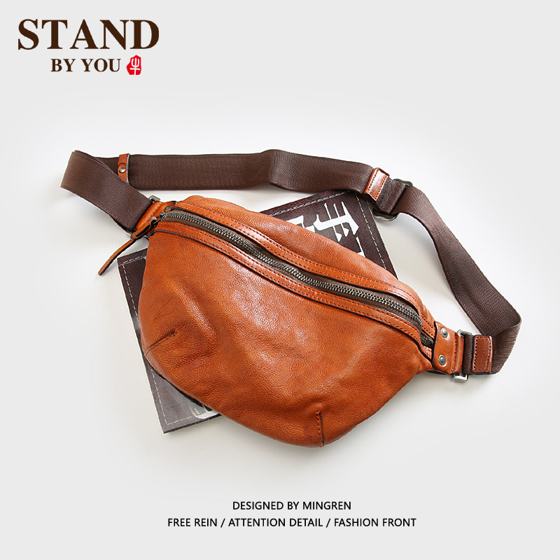 Men's breasts covered with tannic leather upscale men's bag retro headlining Bull Leather Single Shoulder Bag Youth Skew Satchel Purse Tide 1