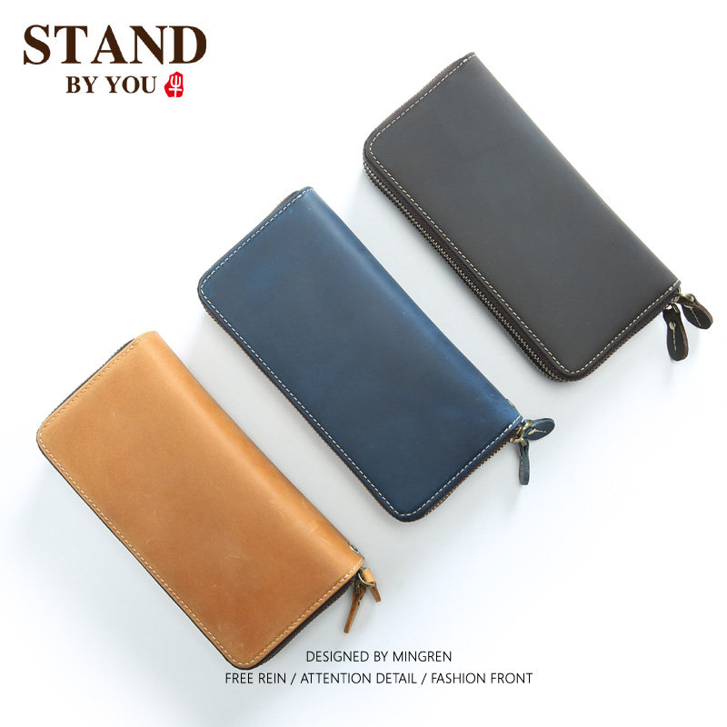 Men Retro Crazy Mapleather Large Capacity Pull Chain Long Version Wallet Head Layer Bull Leather Money Clip Hand Carrying Bag Genuine Leather Hand Holding Bag