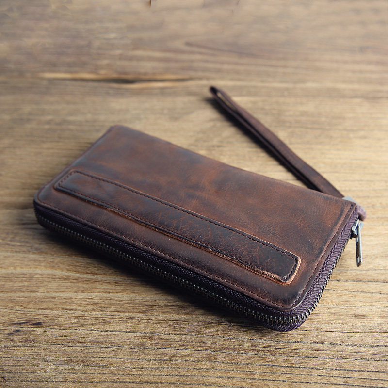 Men's long version Lnecklace wallet genuine leather retro made of old sheep leather handbag large capacity money clip student leather clip tide 1